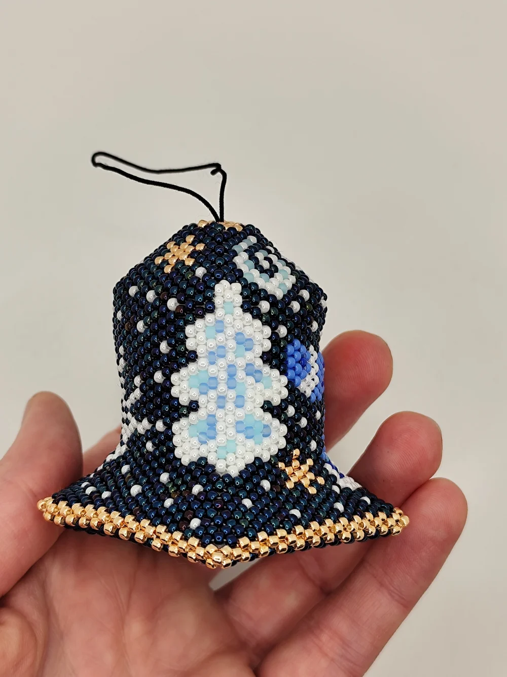 Handmade Blue Beaded Bell Ornament with Angel Design